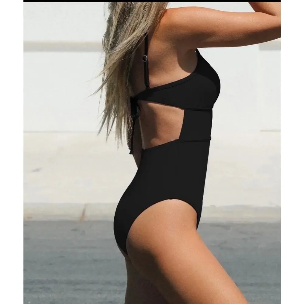 CUPSHE Noir Cut-Out One Piece Swimsuit Black Tie Back NWT Large